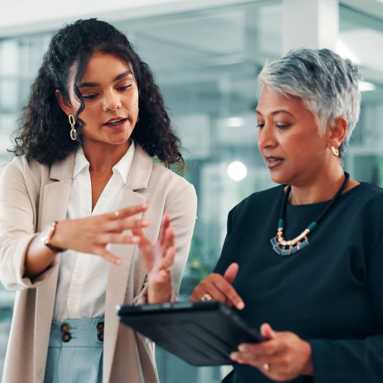 Feedback tablet and business women in office for project